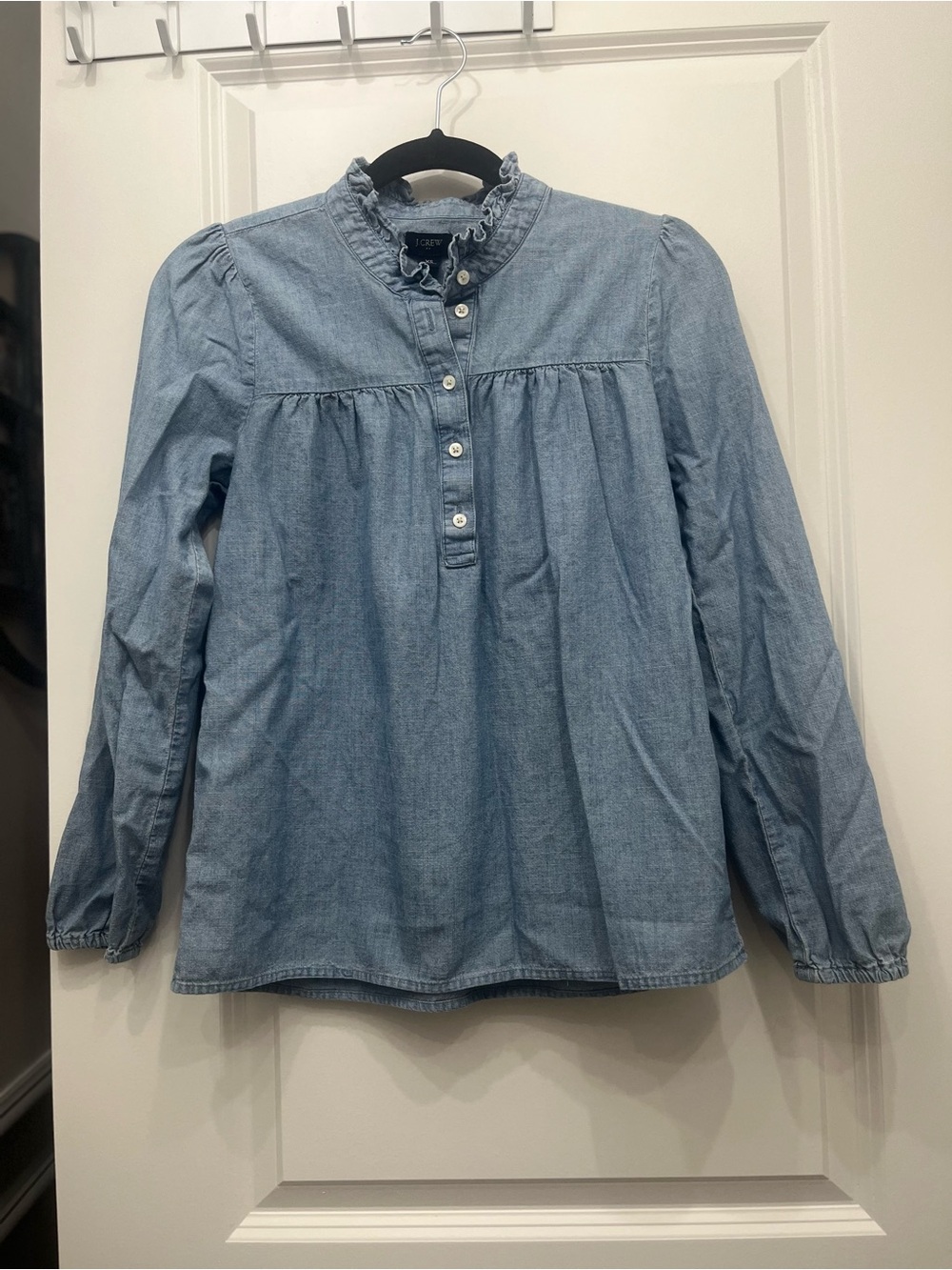 J. Crew Light Blue Denim Ruffled Collar Button-Front Top XS